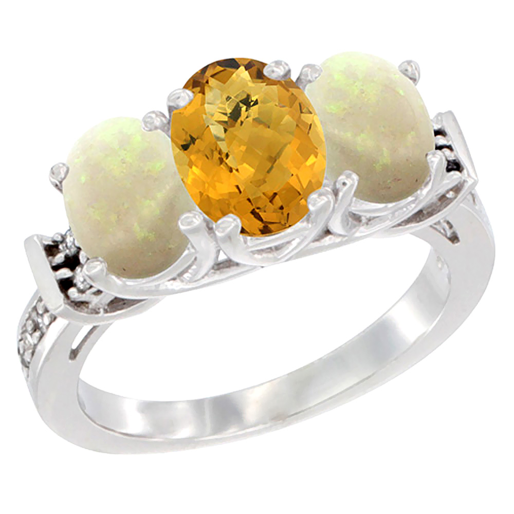 10K White Gold Natural Whisky Quartz & Opal Sides Ring 3-Stone Oval Diamond Accent, sizes 5 - 10