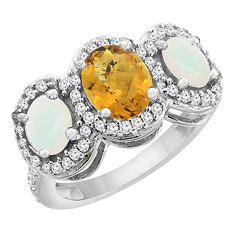 14K White Gold Natural Whisky Quartz & Opal 3-Stone Ring Oval Diamond Accent, sizes 5 - 10