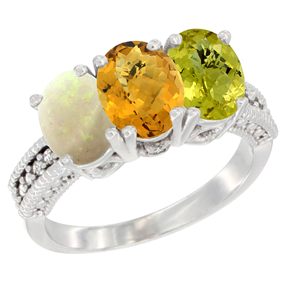 14K White Gold Natural Opal, Whisky Quartz &amp; Lemon Quartz Ring 3-Stone 7x5 mm Oval Diamond Accent, sizes 5 - 10