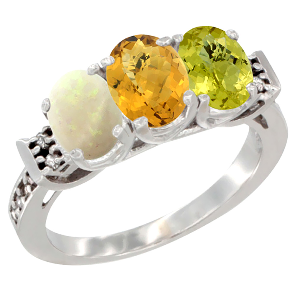 14K White Gold Natural Opal, Whisky Quartz &amp; Lemon Quartz Ring 3-Stone Oval 7x5 mm Diamond Accent, sizes 5 - 10