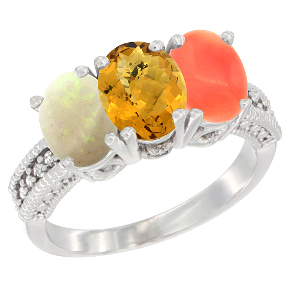 10K White Gold Diamond Natural Opal, Whisky Quartz &amp; Coral Ring 3-Stone 7x5 mm Oval, sizes 5 - 10