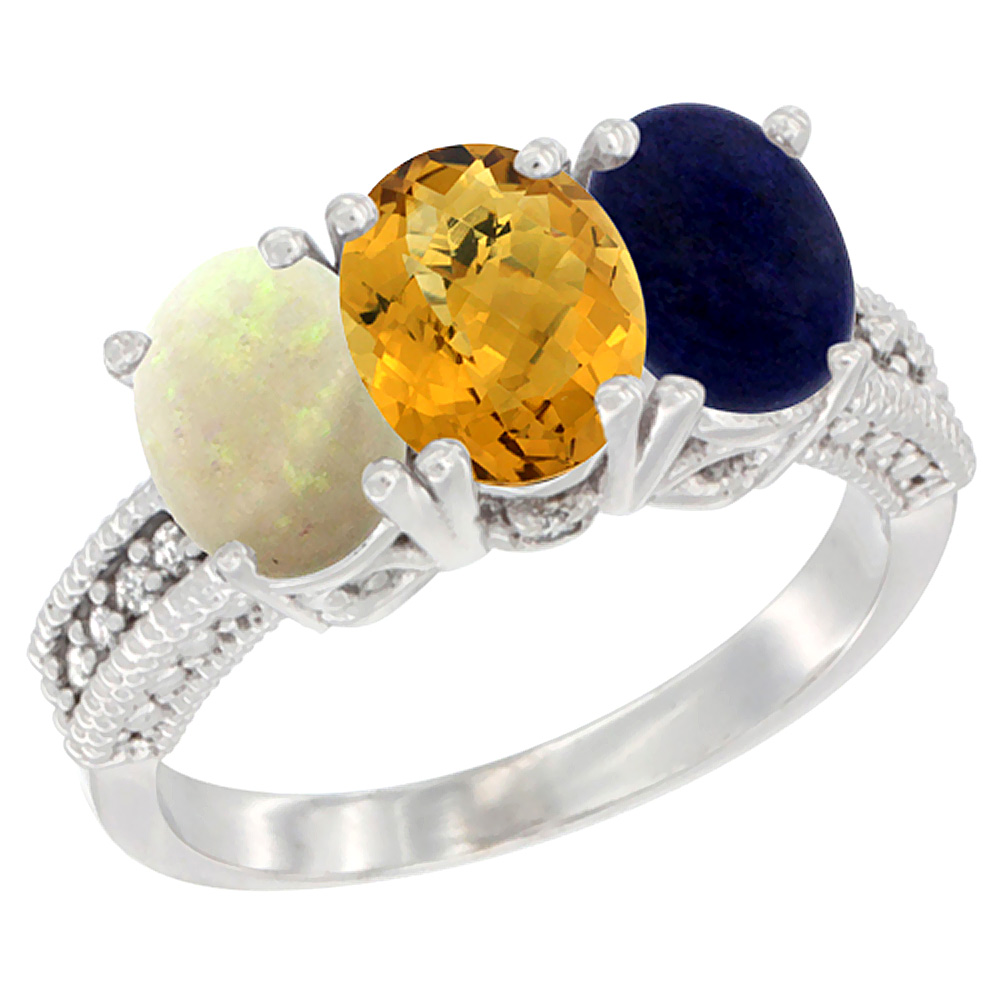 10K White Gold Diamond Natural Opal, Whisky Quartz &amp; Lapis Ring 3-Stone 7x5 mm Oval, sizes 5 - 10