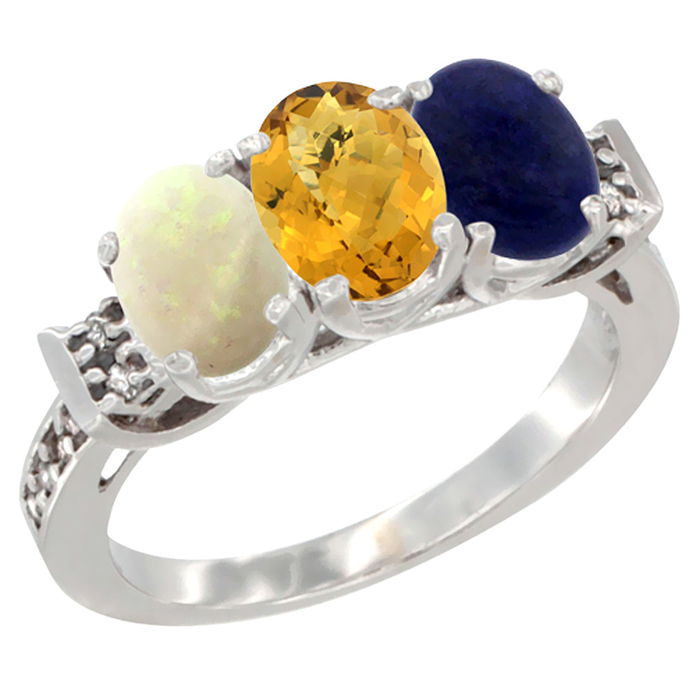 14K White Gold Natural Opal, Whisky Quartz & Lapis Ring 3-Stone Oval 7x5 mm Diamond Accent, sizes 5 - 10