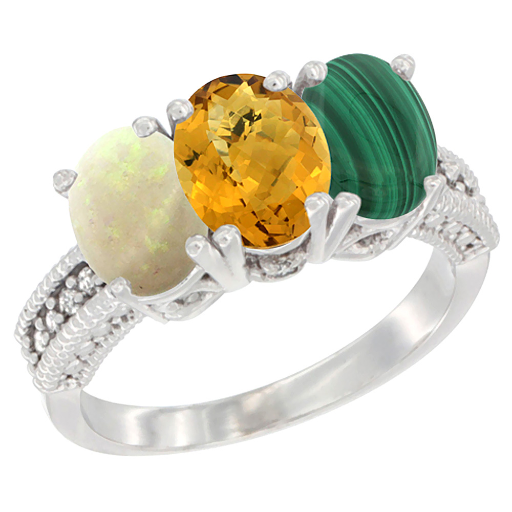 14K White Gold Natural Opal, Whisky Quartz & Malachite Ring 3-Stone 7x5 mm Oval Diamond Accent, sizes 5 - 10