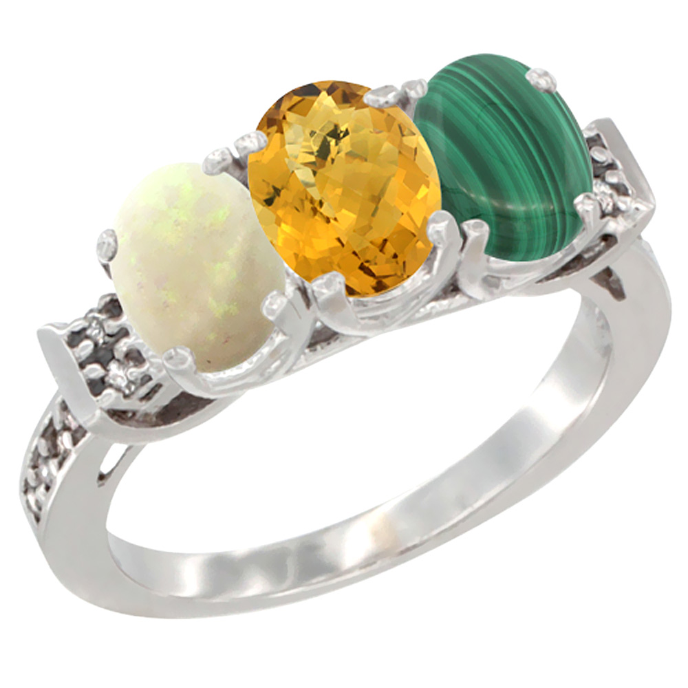 14K White Gold Natural Opal, Whisky Quartz & Malachite Ring 3-Stone Oval 7x5 mm Diamond Accent, sizes 5 - 10