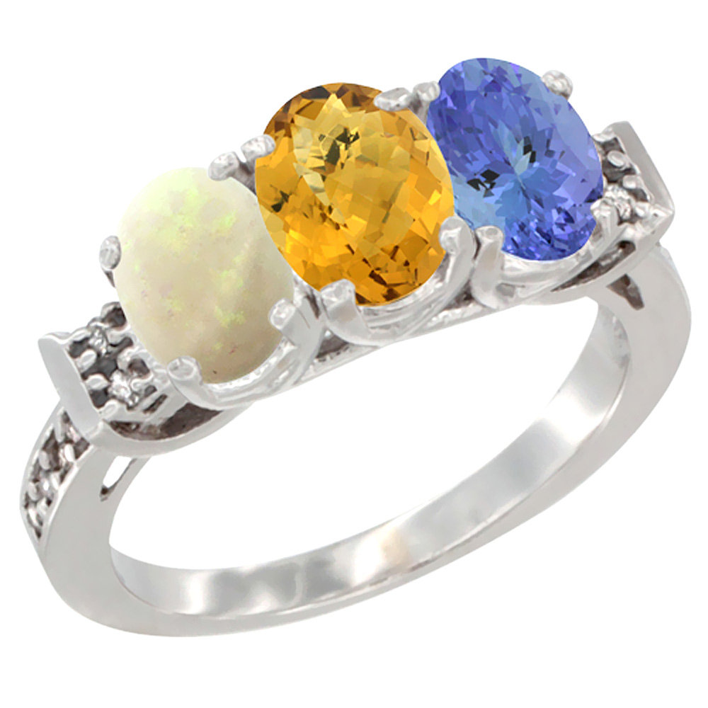 14K White Gold Natural Opal, Whisky Quartz &amp; Tanzanite Ring 3-Stone Oval 7x5 mm Diamond Accent, sizes 5 - 10