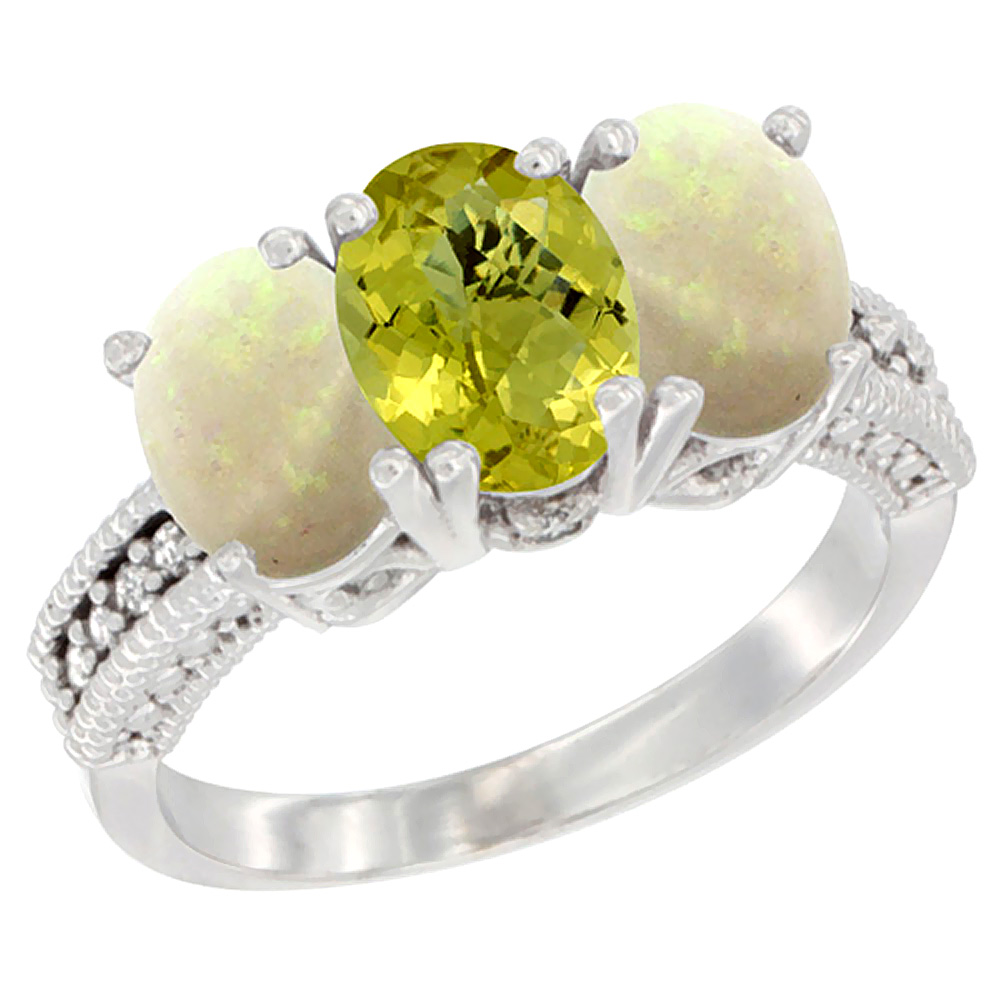14K White Gold Natural Lemon Quartz &amp; Opal Sides Ring 3-Stone 7x5 mm Oval Diamond Accent, sizes 5 - 10