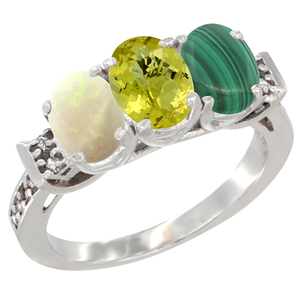 14K White Gold Natural Opal, Lemon Quartz & Malachite Ring 3-Stone Oval 7x5 mm Diamond Accent, sizes 5 - 10