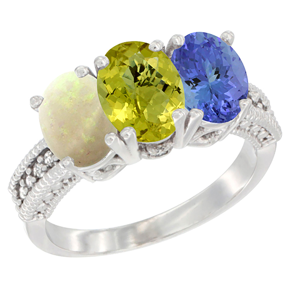 10K White Gold Diamond Natural Opal, Lemon Quartz & Tanzanite Ring 3-Stone 7x5 mm Oval, sizes 5 - 10