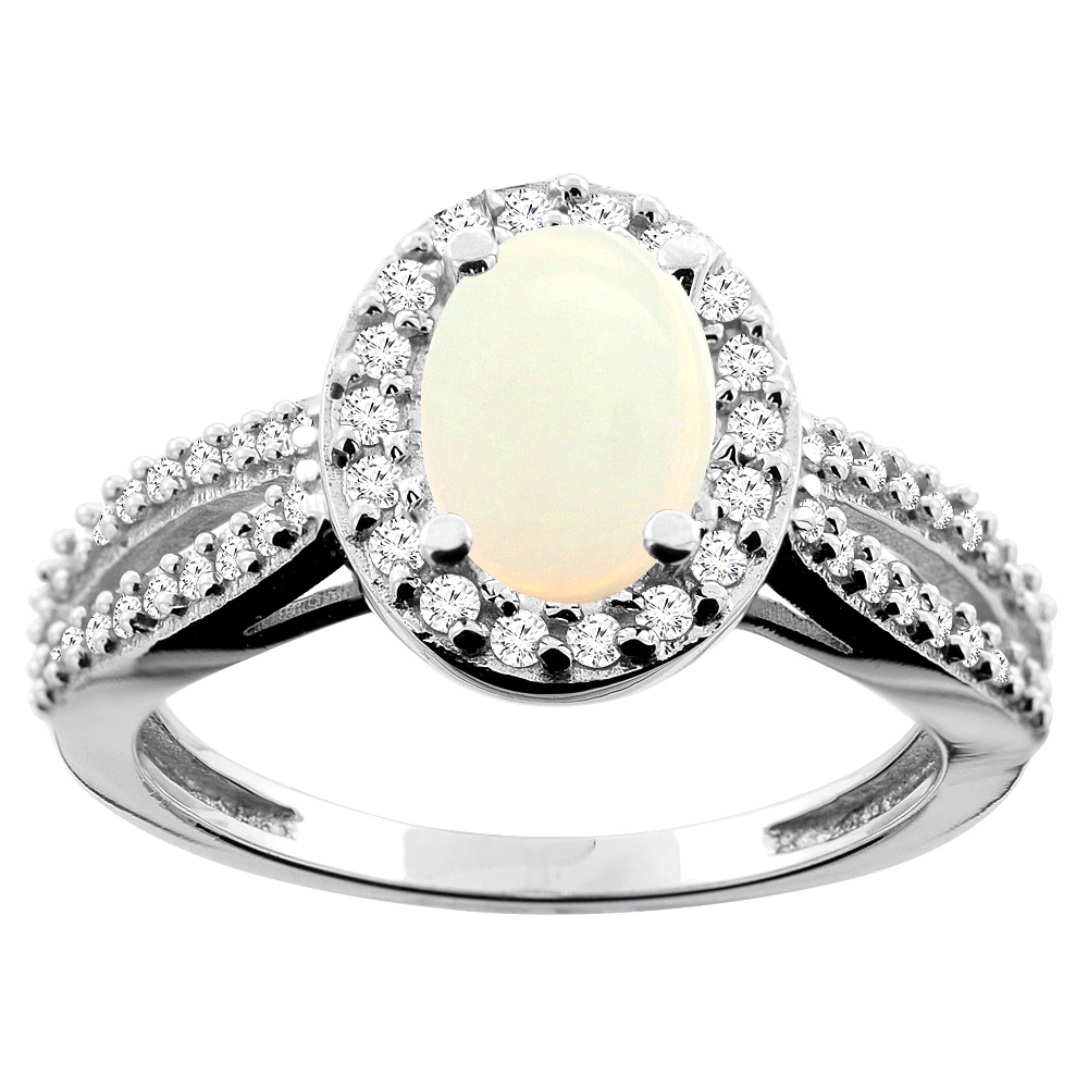 10K White/Yellow/Rose Gold Natural Opal Ring Oval 8x6mm Diamond Accent, size 5