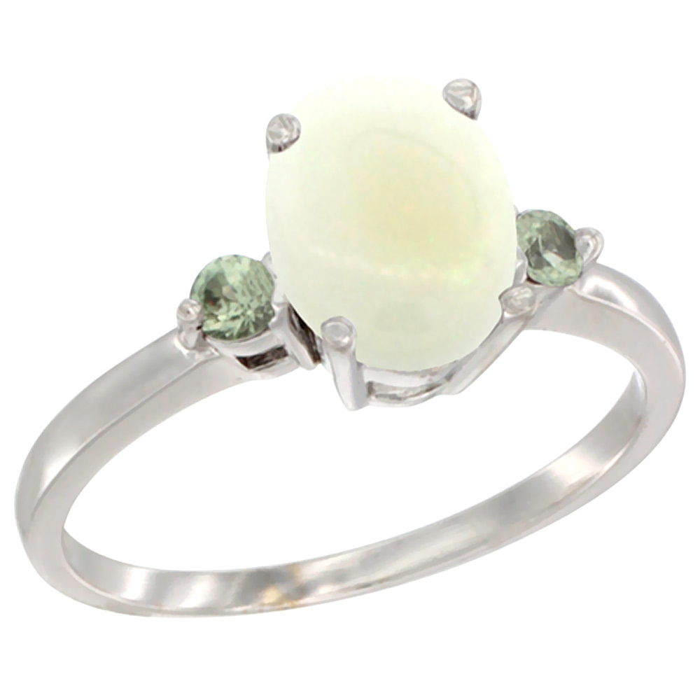 14K White Gold Natural Opal Ring Oval 9x7 mm Green Sapphire Accent, sizes 5 to 10