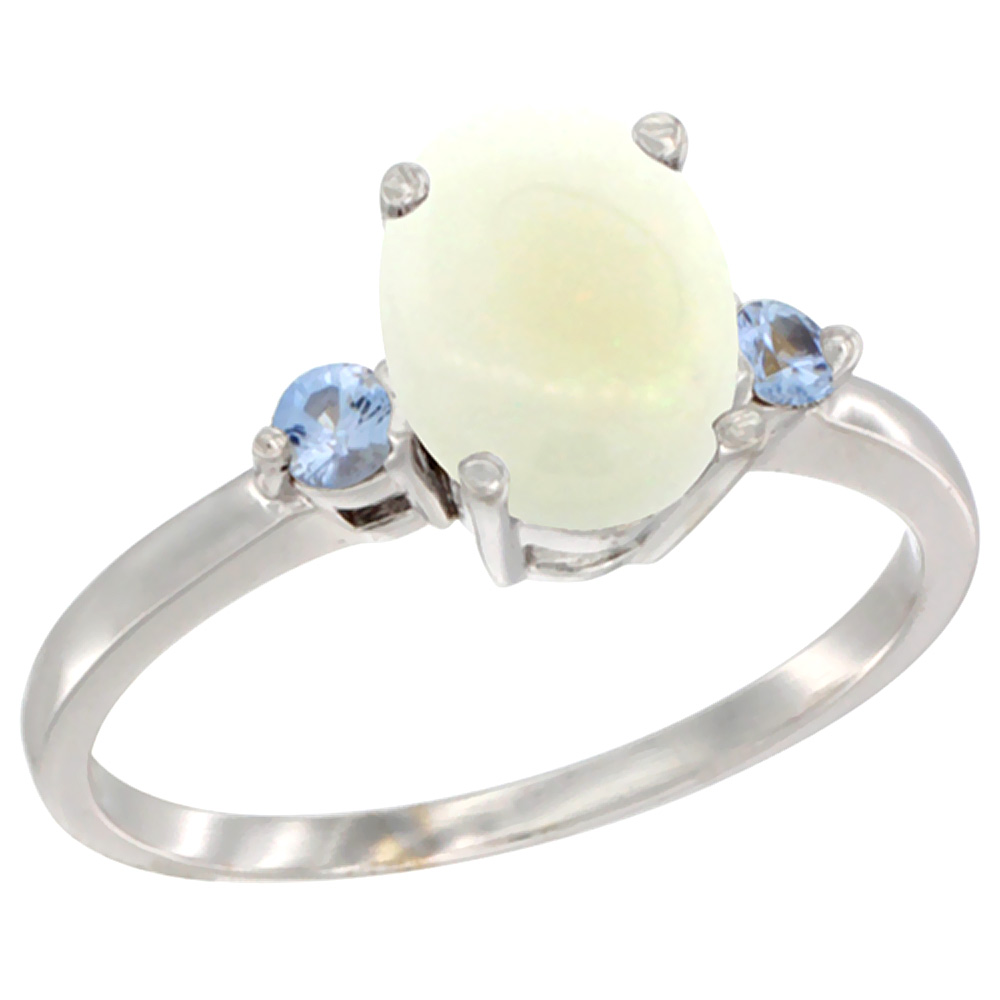 14K White Gold Natural Opal Ring Oval 9x7 mm Light Blue Sapphire Accent, sizes 5 to 10