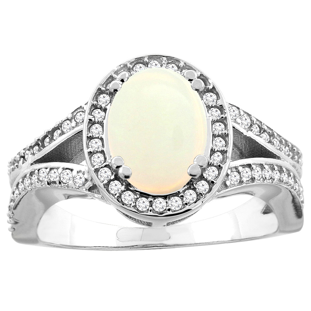 10K White/Yellow Gold Natural Opal Split Ring Oval 8x6mm Diamond Accent, sizes 5 - 10