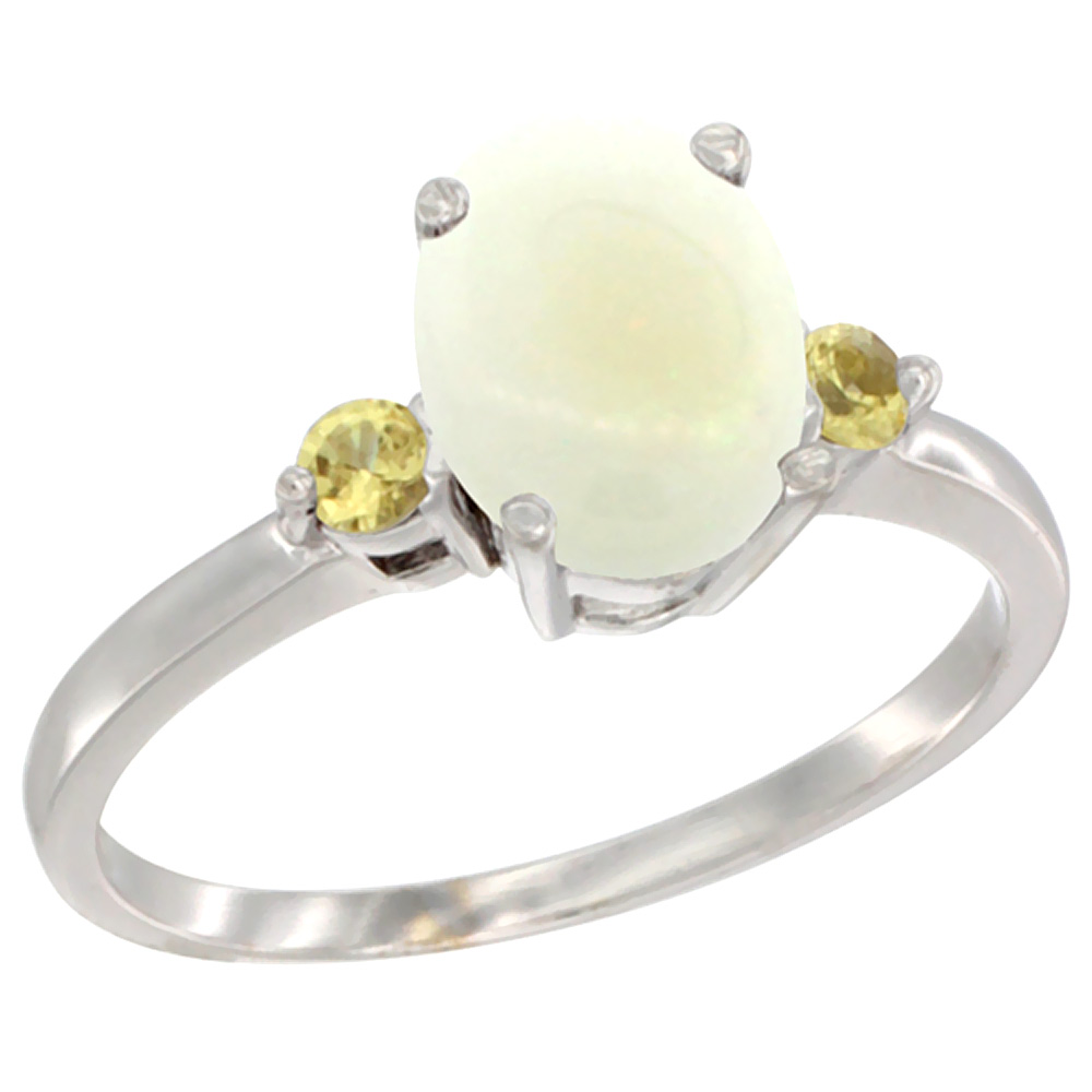 14K White Gold Natural Opal Ring Oval 9x7 mm Yellow Sapphire Accent, sizes 5 to 10