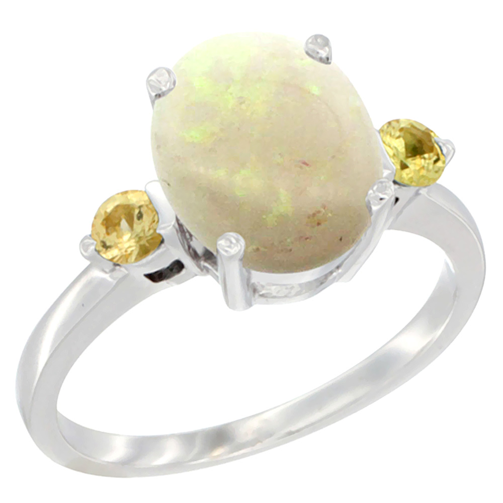 14K White Gold 10x8mm Oval Natural Opal Ring for Women Yellow Sapphire Side-stones sizes 5 - 10