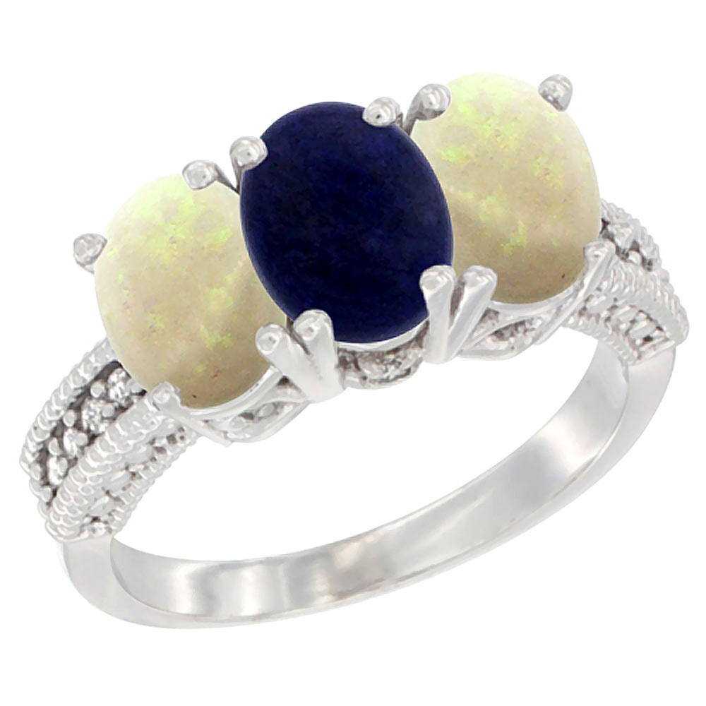 10K White Gold Diamond Natural Lapis & Opal Ring 3-Stone 7x5 mm Oval, sizes 5 - 10