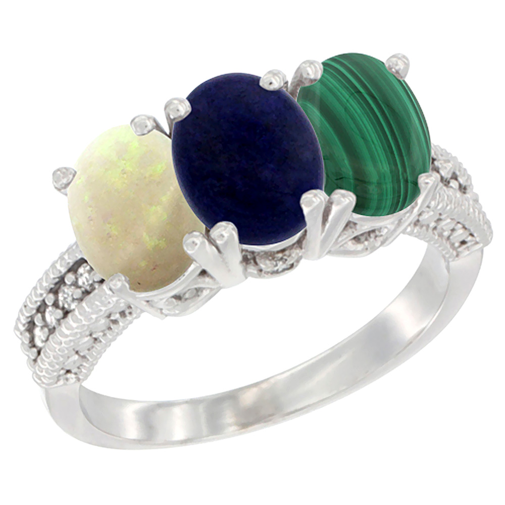 14K White Gold Natural Opal, Lapis & Malachite Ring 3-Stone 7x5 mm Oval Diamond Accent, sizes 5 - 10