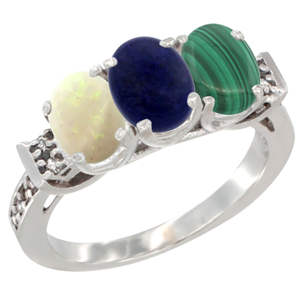 14K White Gold Natural Opal, Lapis & Malachite Ring 3-Stone Oval 7x5 mm Diamond Accent, sizes 5 - 10