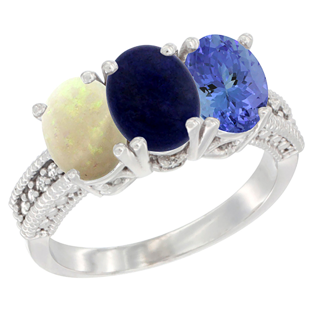 14K White Gold Natural Opal, Lapis & Tanzanite Ring 3-Stone 7x5 mm Oval Diamond Accent, sizes 5 - 10