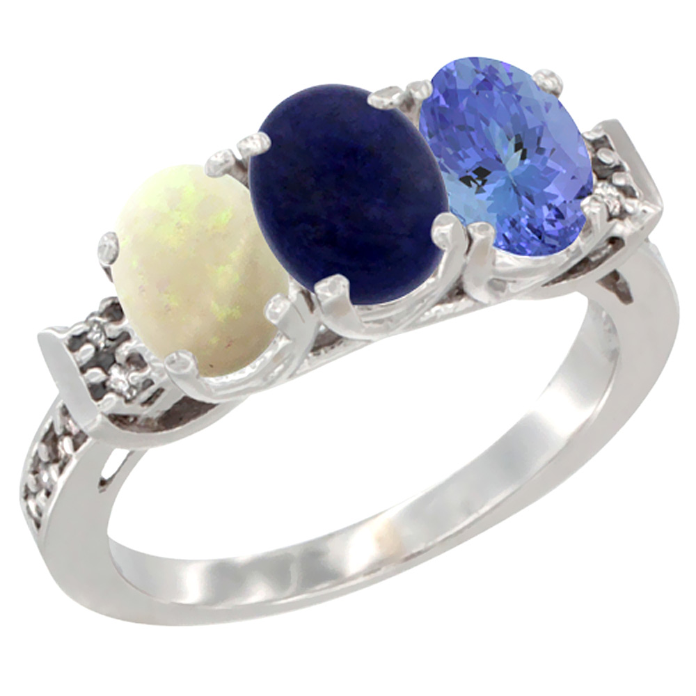 14K White Gold Natural Opal, Lapis & Tanzanite Ring 3-Stone Oval 7x5 mm Diamond Accent, sizes 5 - 10