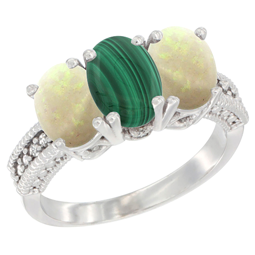 14K White Gold Natural Malachite &amp; Opal Sides Ring 3-Stone 7x5 mm Oval Diamond Accent, sizes 5 - 10