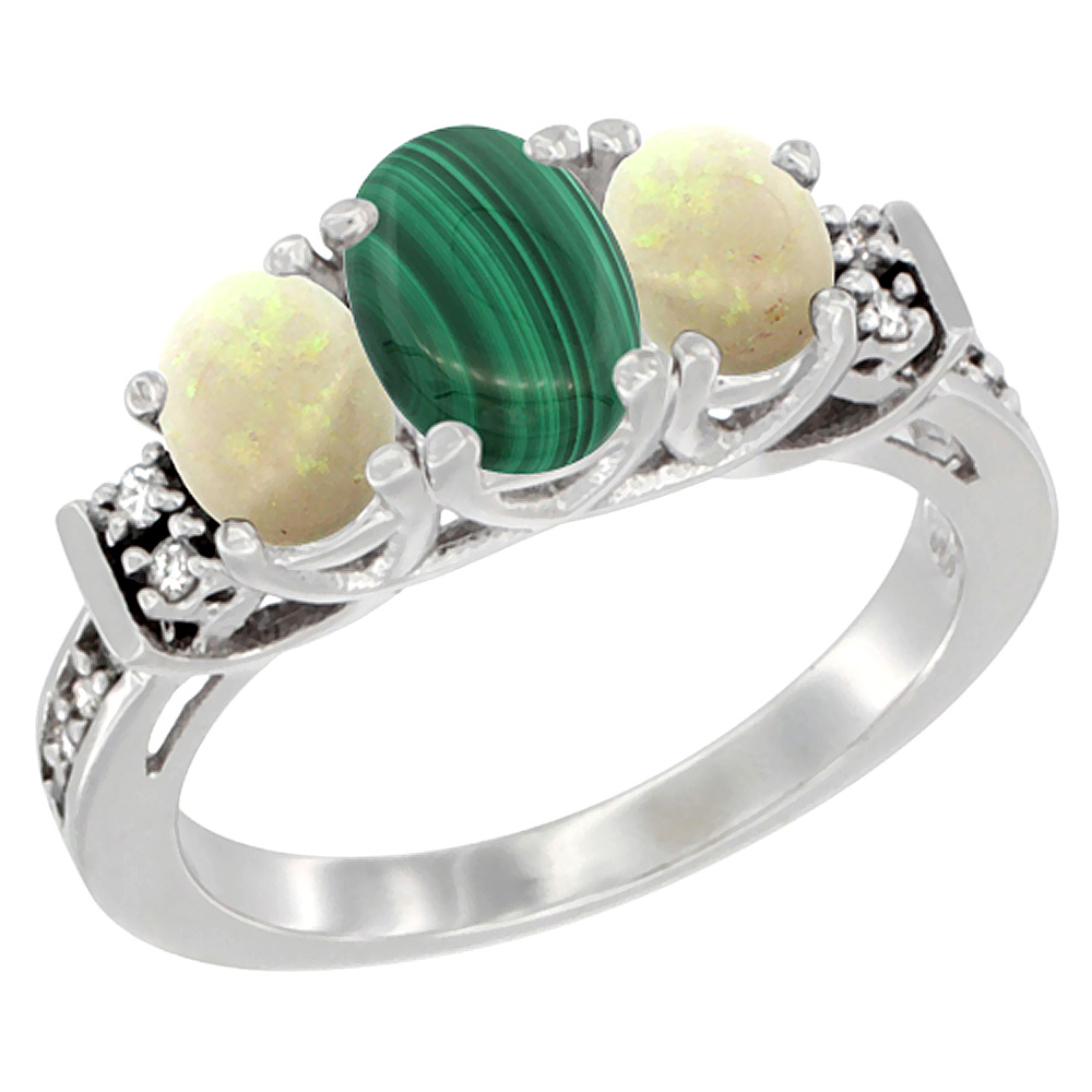 10K White Gold Natural Malachite & Opal Ring 3-Stone Oval Diamond Accent, sizes 5-10