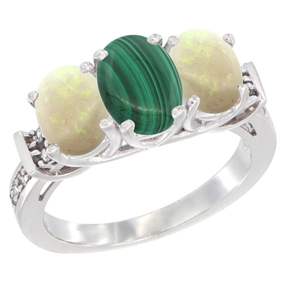 10K White Gold Natural Malachite & Opal Sides Ring 3-Stone Oval Diamond Accent, sizes 5 - 10