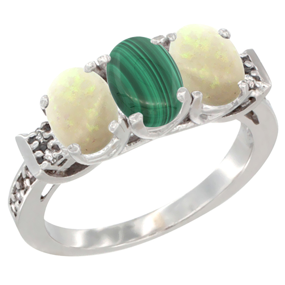 10K White Gold Natural Malachite & Opal Sides Ring 3-Stone Oval 7x5 mm Diamond Accent, sizes 5 - 10