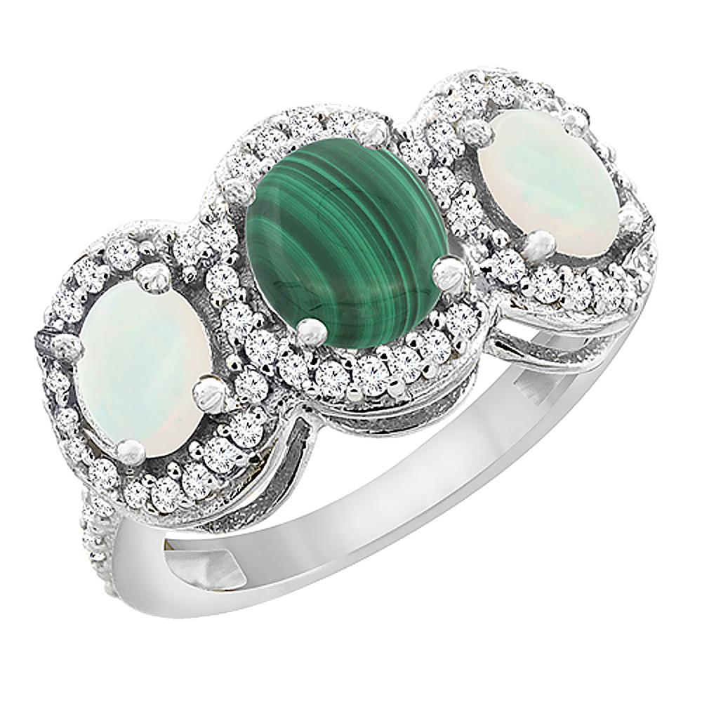 14K White Gold Natural Malachite &amp; Opal 3-Stone Ring Oval Diamond Accent, sizes 5 - 10