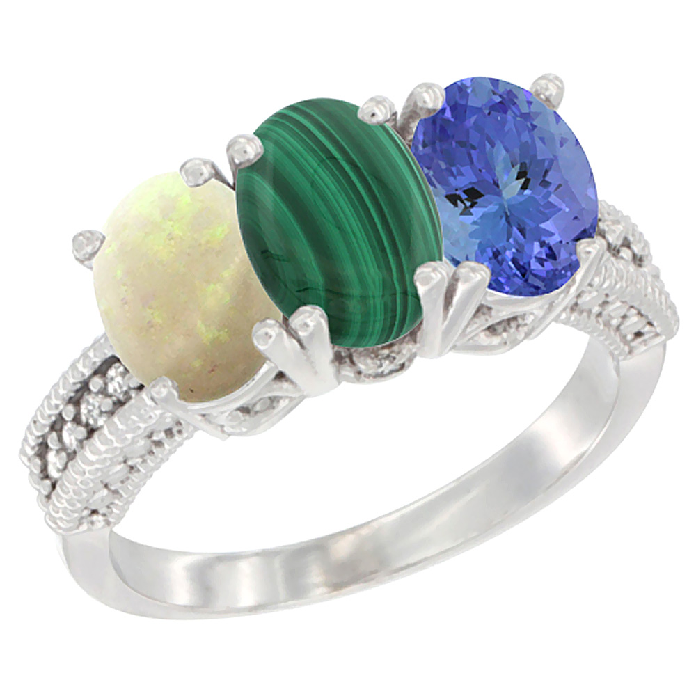 14K White Gold Natural Opal, Malachite & Tanzanite Ring 3-Stone 7x5 mm Oval Diamond Accent, sizes 5 - 10