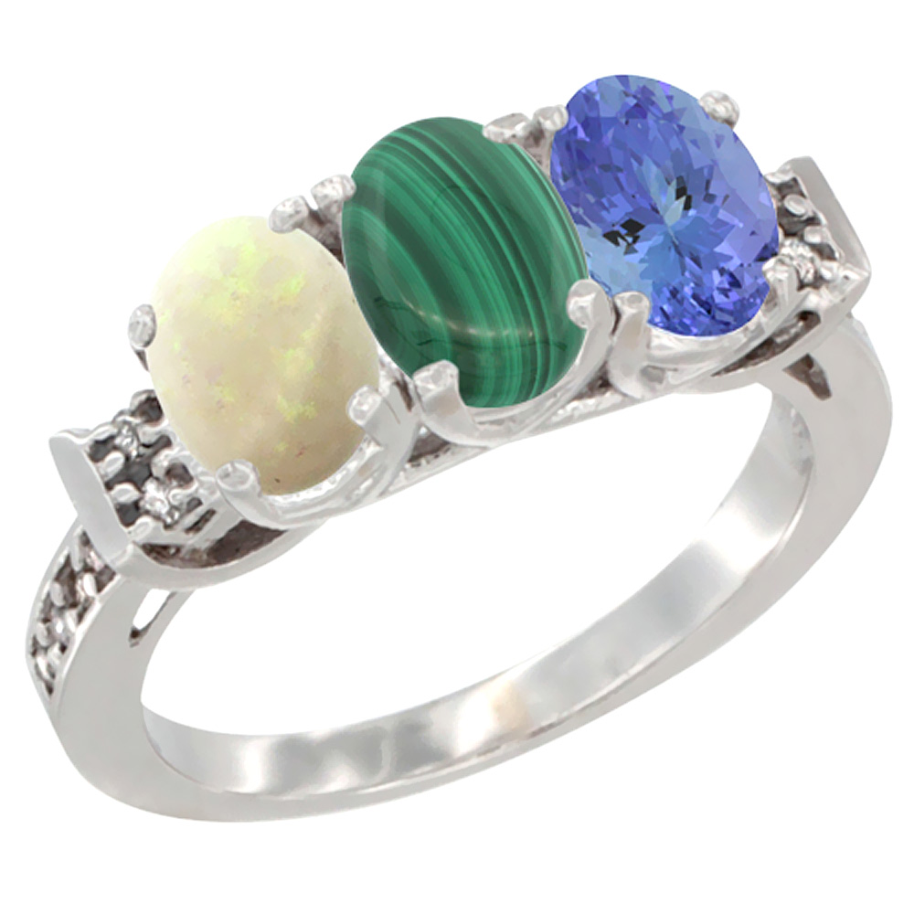 14K White Gold Natural Opal, Malachite & Tanzanite Ring 3-Stone Oval 7x5 mm Diamond Accent, sizes 5 - 10