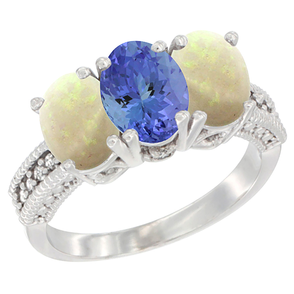 10K White Gold Diamond Natural Tanzanite & Opal Ring 3-Stone 7x5 mm Oval, sizes 5 - 10