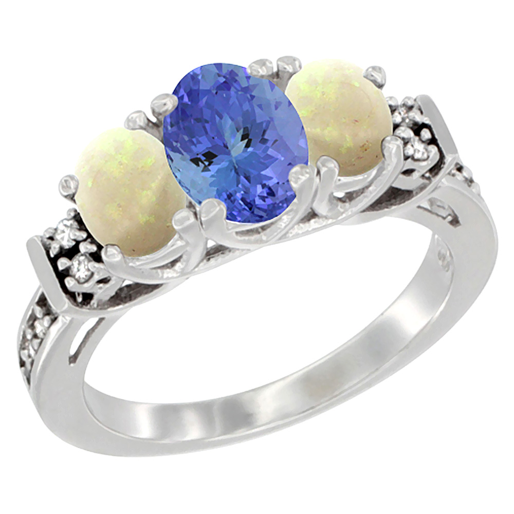 10K White Gold Natural Tanzanite &amp; Opal Ring 3-Stone Oval Diamond Accent, sizes 5-10