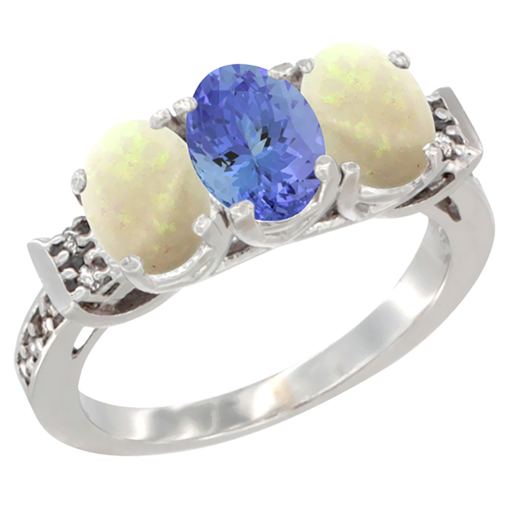 14K White Gold Natural Tanzanite &amp; Opal Sides Ring 3-Stone Oval 7x5 mm Diamond Accent, sizes 5 - 10