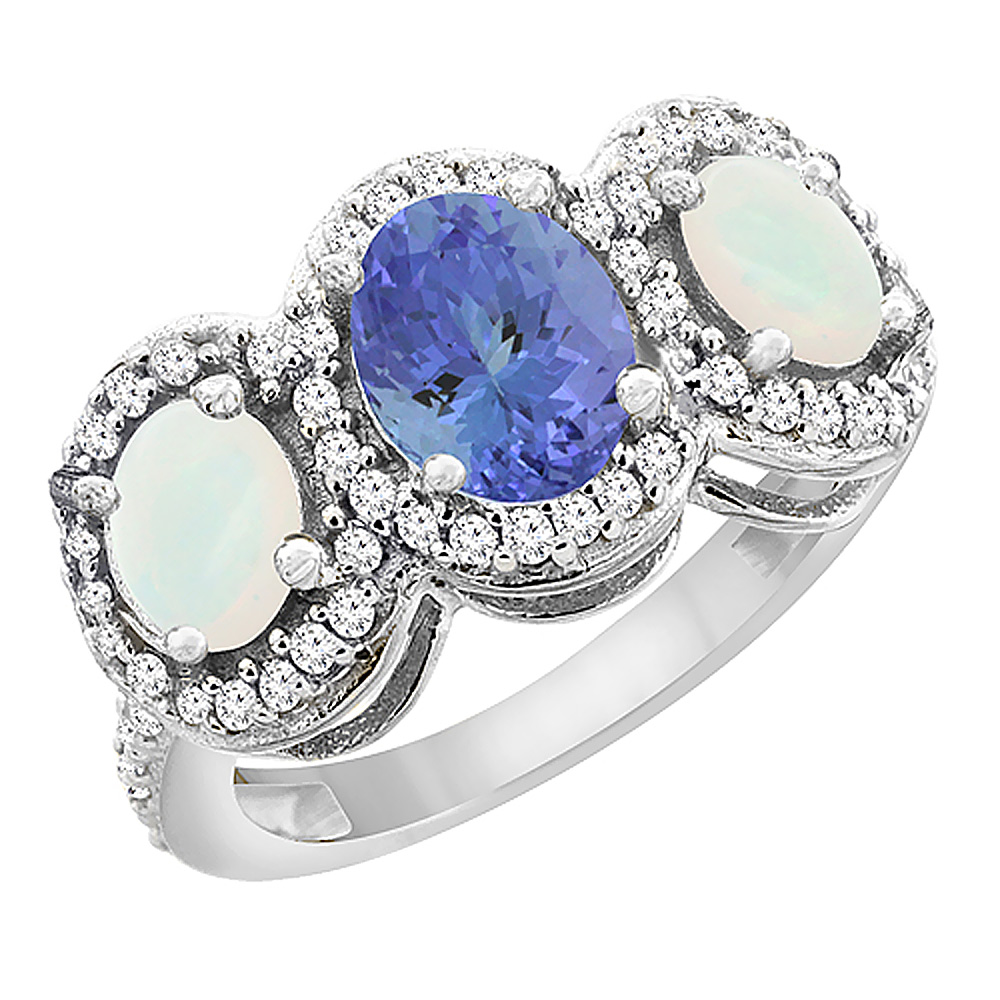 10K White Gold Natural Tanzanite & Opal 3-Stone Ring Oval Diamond Accent, sizes 5 - 10