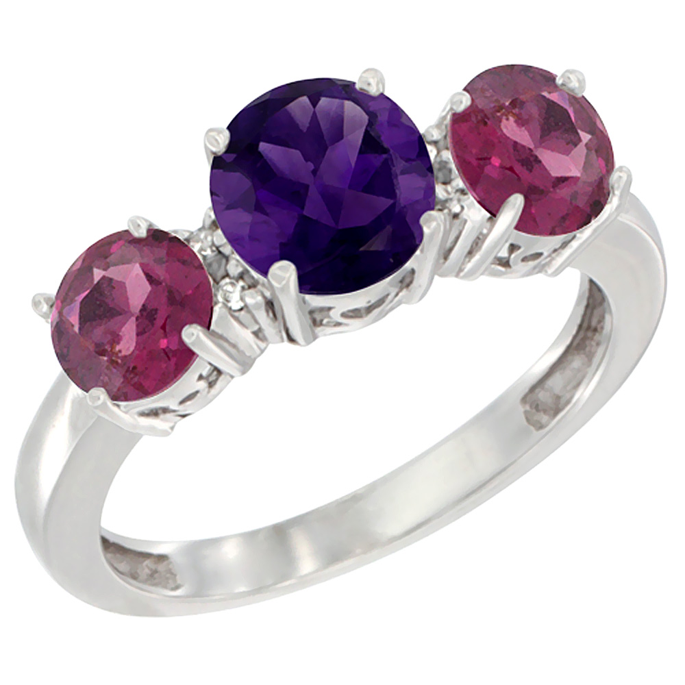 10K White Gold Round 3-Stone Natural Amethyst Ring & Rhodolite Sides Diamond Accent, sizes 5 - 10