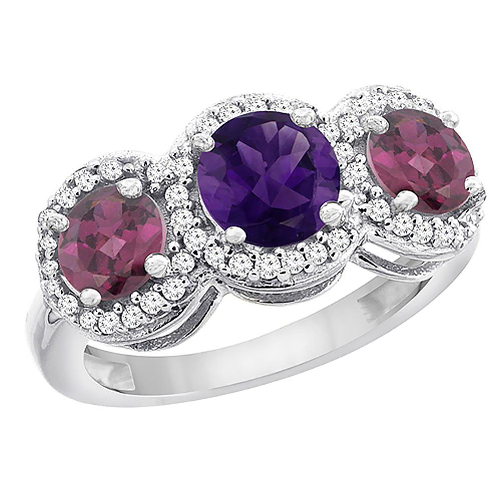 10K White Gold Natural Amethyst & Rhodolite Sides Round 3-stone Ring Diamond Accents, sizes 5 - 10