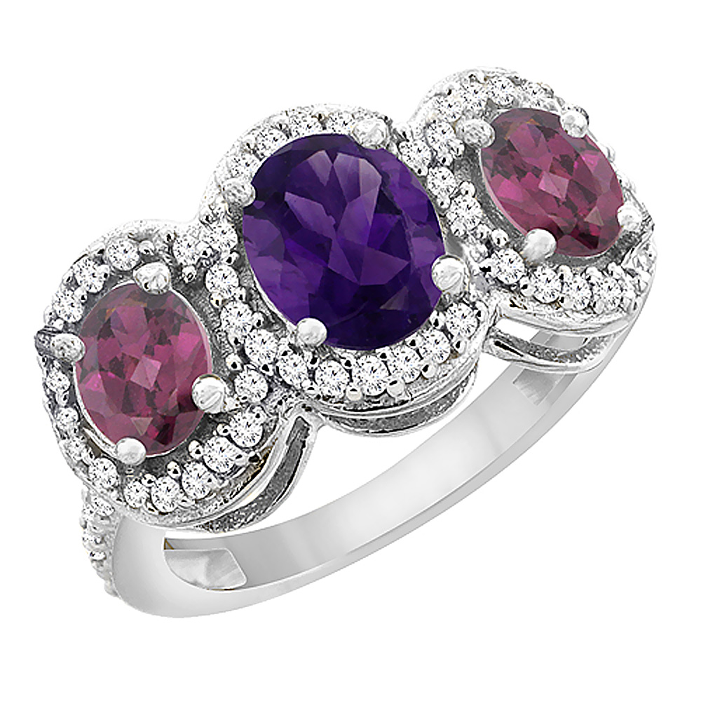 14K White Gold Natural Amethyst &amp; Rhodolite 3-Stone Ring Oval Diamond Accent, sizes 5 - 10