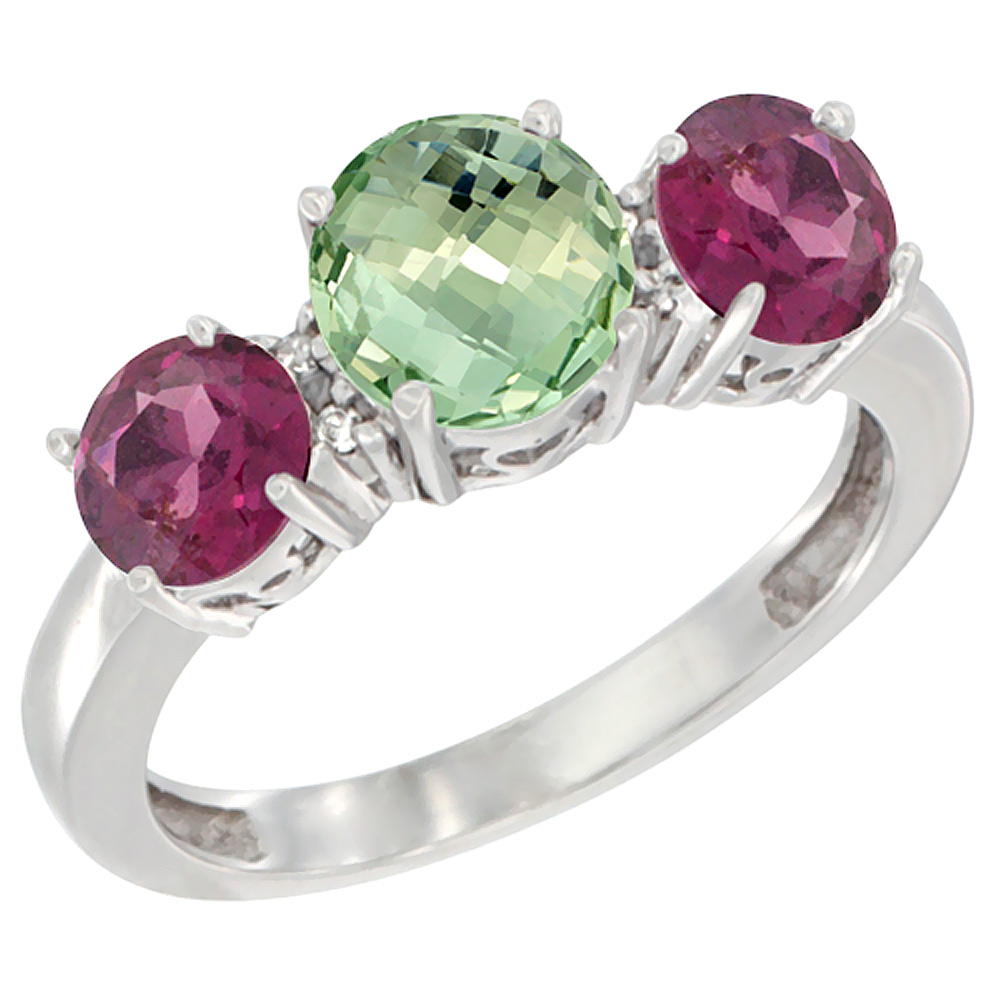 14K White Gold Round 3-Stone Natural Green Amethyst Ring & Rhodolite Sides Diamond Accent, sizes 5 - 10