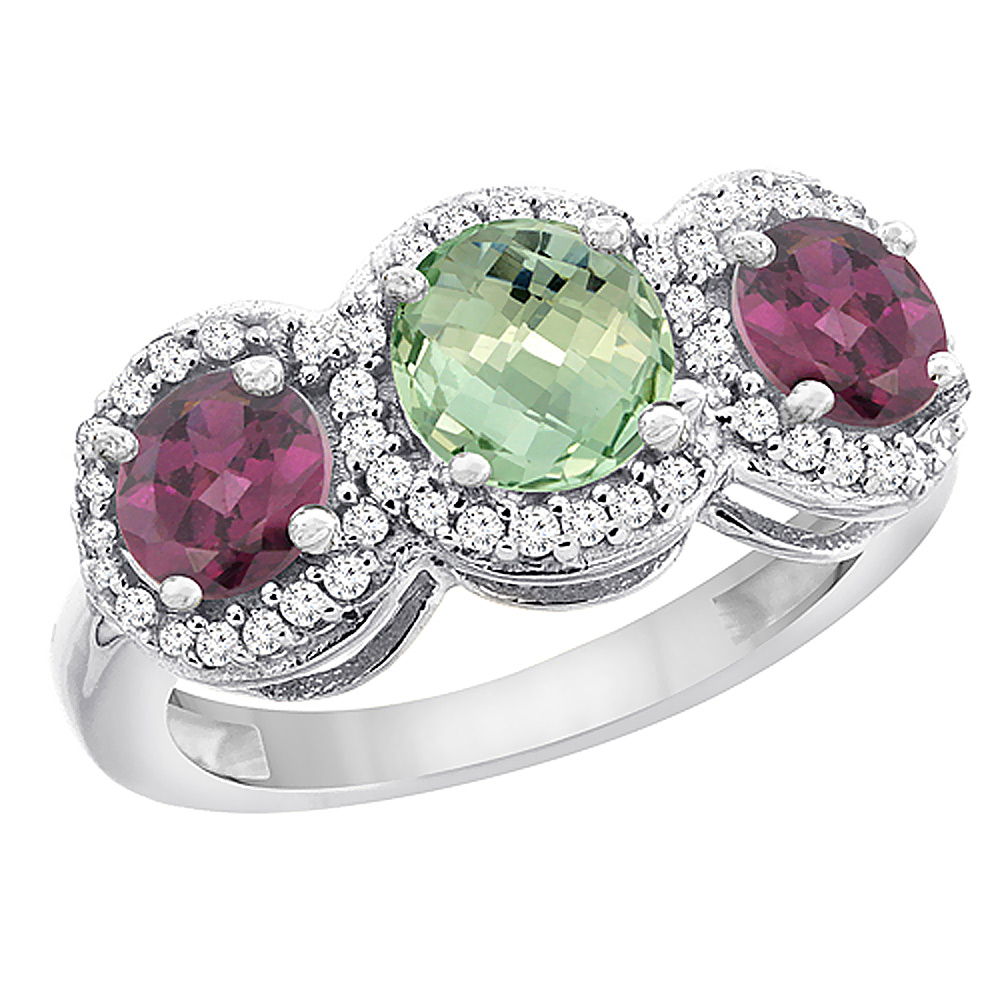 10K White Gold Natural Green Amethyst & Rhodolite Sides Round 3-stone Ring Diamond Accents, sizes 5 - 10