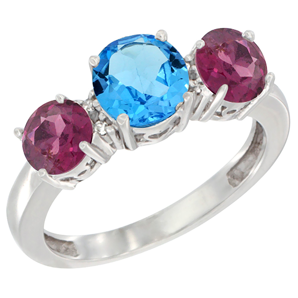 10K White Gold Round 3-Stone Natural Swiss Blue Topaz Ring & Rhodolite Sides Diamond Accent, sizes 5 - 10