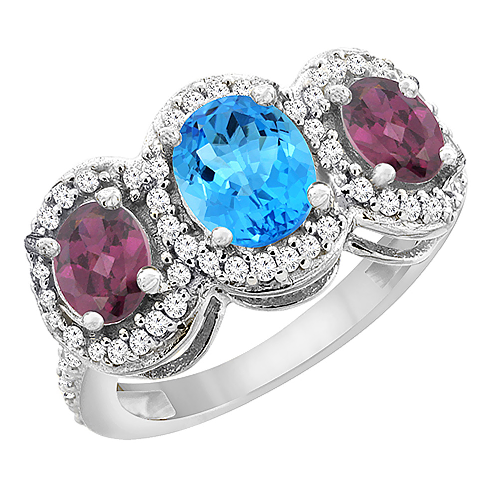 14K White Gold Natural Swiss Blue Topaz &amp; Rhodolite 3-Stone Ring Oval Diamond Accent, sizes 5 - 10