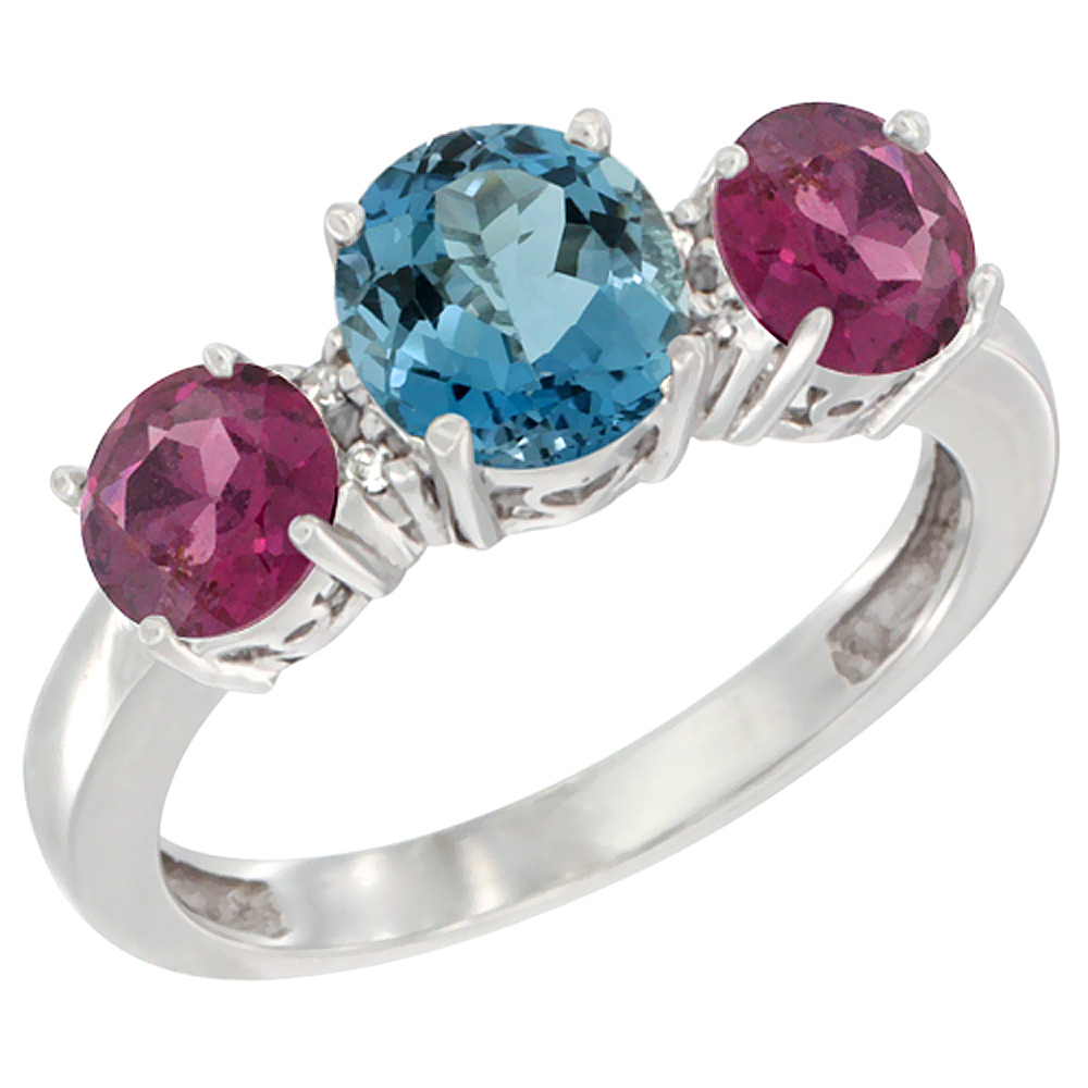 14K White Gold Round 3-Stone Natural London Blue Topaz Ring & Rhodolite Sides Diamond Accent, sizes 5 - 10