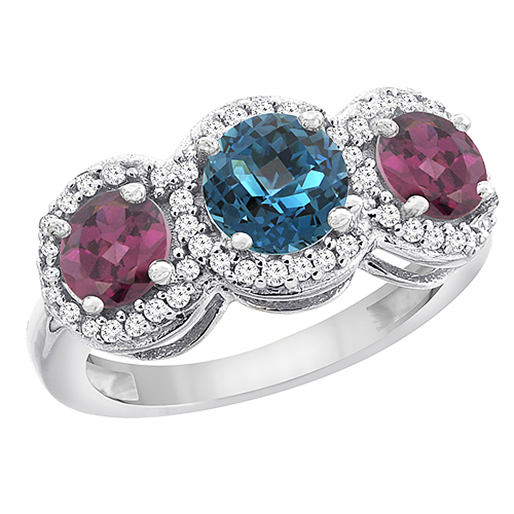 14K White Gold Natural London Blue Topaz & Rhodolite Sides Round 3-stone Ring Diamond Accents, sizes 5 - 10