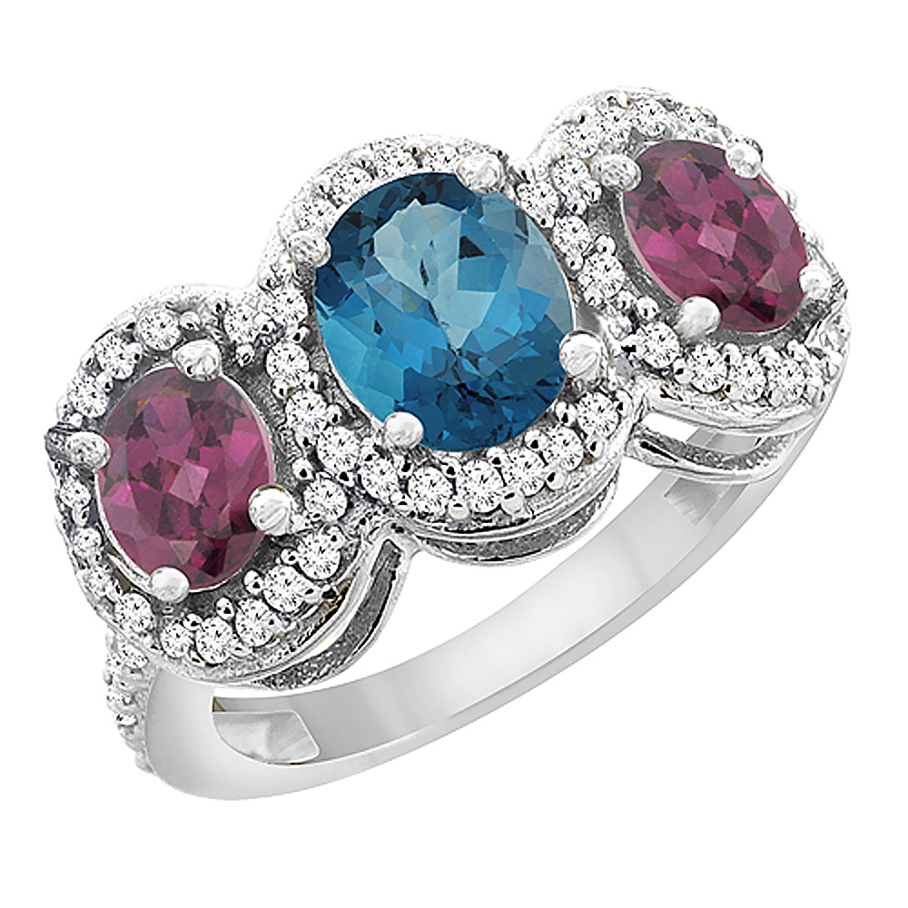 14K White Gold Natural London Blue Topaz & Rhodolite 3-Stone Ring Oval Diamond Accent, sizes 5 - 10