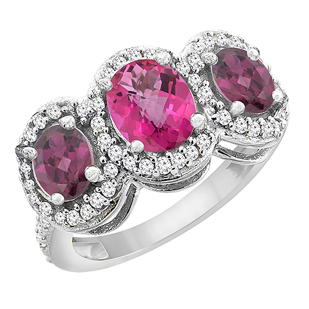 14K White Gold Natural Pink Topaz & Rhodolite 3-Stone Ring Oval Diamond Accent, sizes 5 - 10