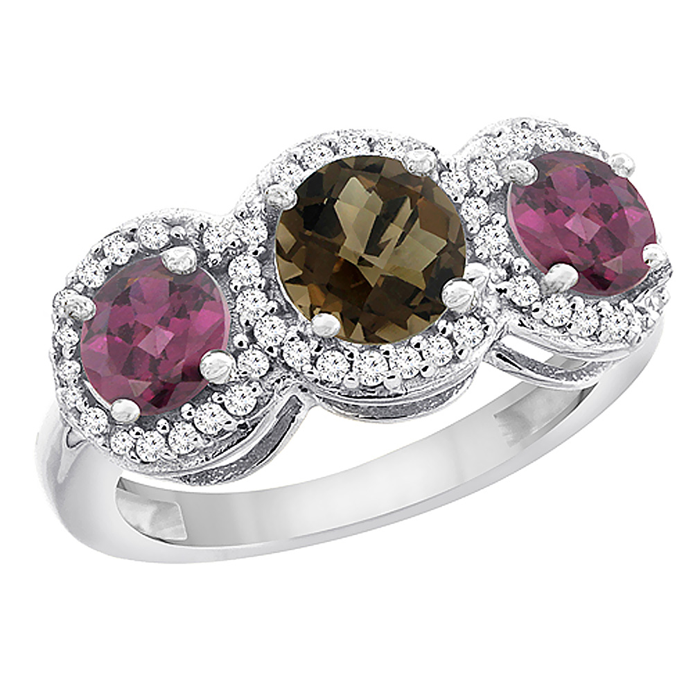 14K White Gold Natural Smoky Topaz & Rhodolite Sides Round 3-stone Ring Diamond Accents, sizes 5 - 10