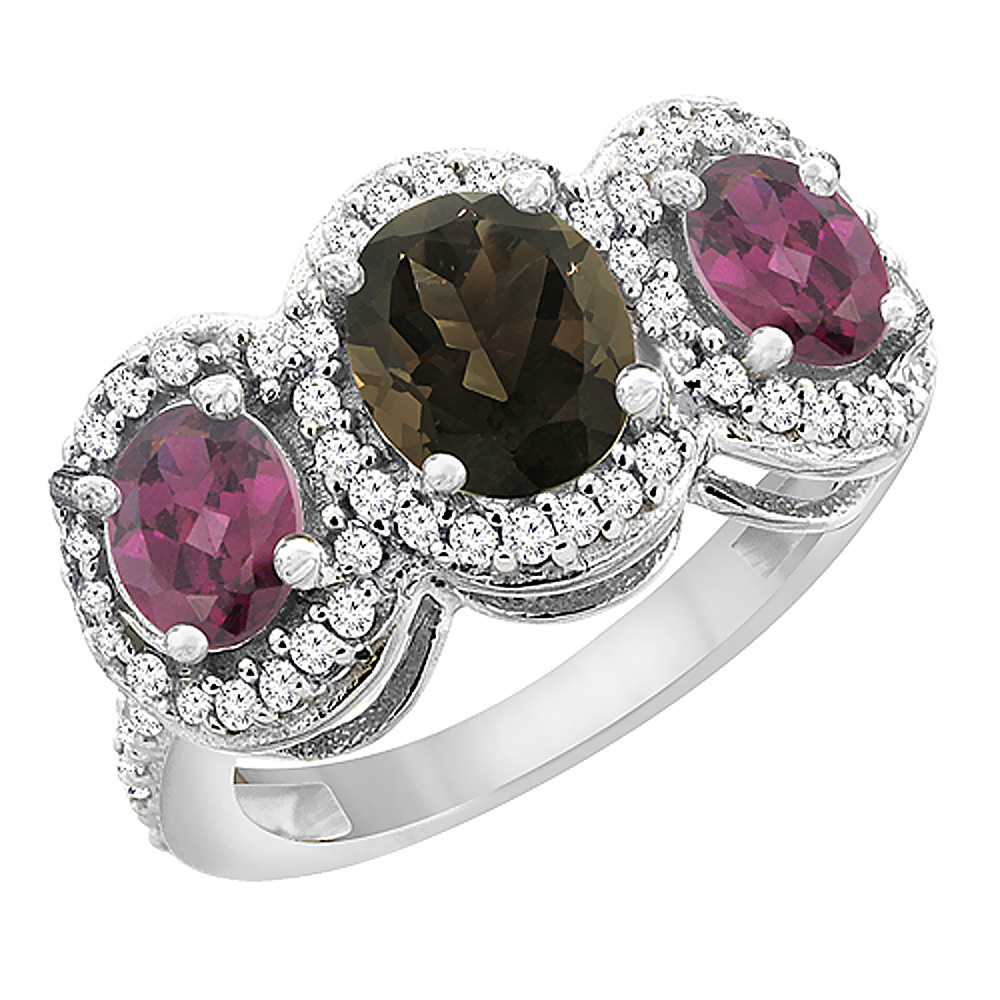 14K White Gold Natural Smoky Topaz & Rhodolite 3-Stone Ring Oval Diamond Accent, sizes 5 - 10