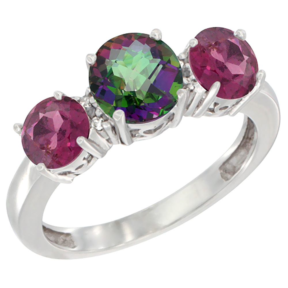 14K White Gold Round 3-Stone Natural Mystic Topaz Ring & Rhodolite Sides Diamond Accent, sizes 5 - 10