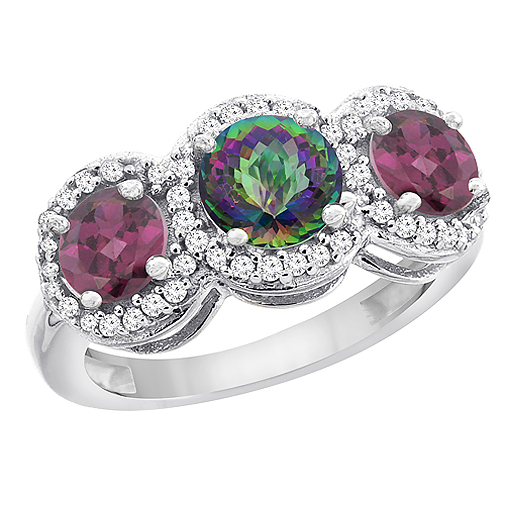 10K White Gold Natural Mystic Topaz & Rhodolite Sides Round 3-stone Ring Diamond Accents, sizes 5 - 10